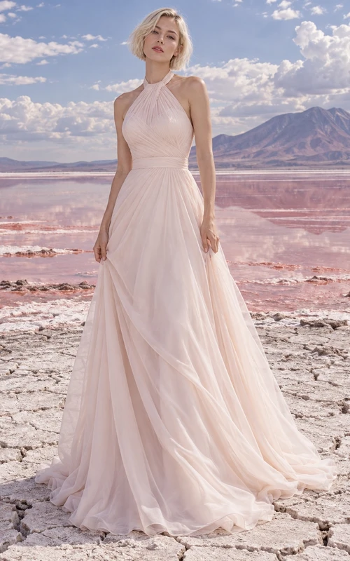 Vestido de novia sencillo de gasa rosa empolvado con cuello alto, escote halter y corte en A.