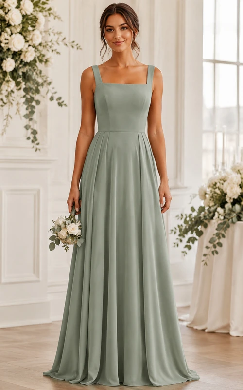 Sage Square Neck Chiffon A-Line Bridesmaid Dress