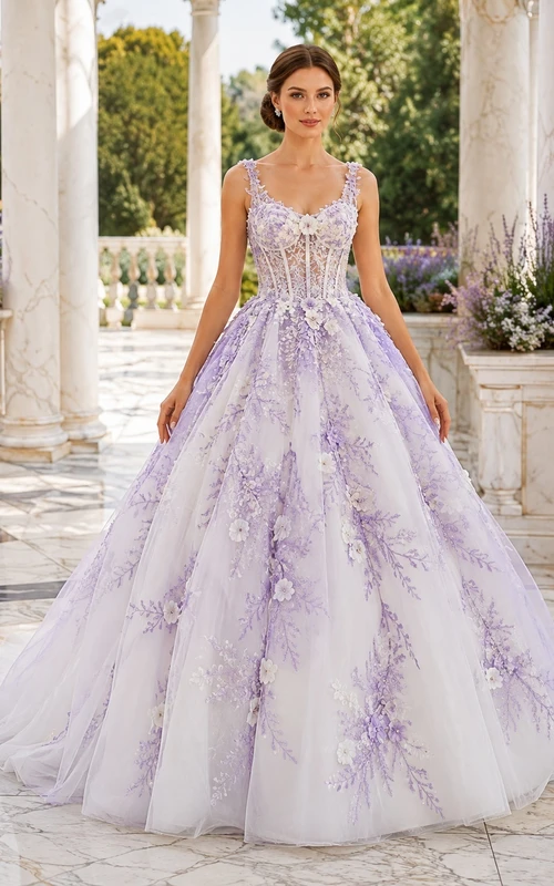 Lavender Floral Ball Gown Tulle Bridal Dress Straps Sleeveless Cathedral Train