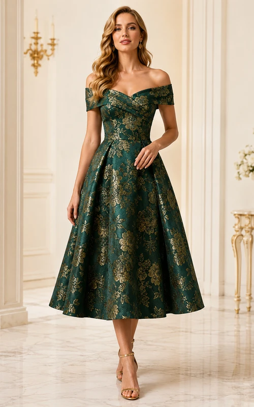 Robe de soirée en brocart vert foncé à épaules dénudées