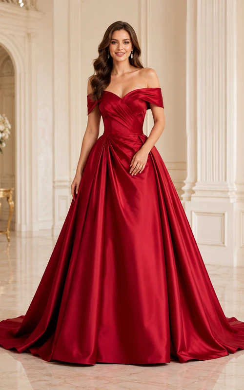 Rotes, schulterfreies, herzförmiges, plissiertes Luxus-Abendkleid aus Satin