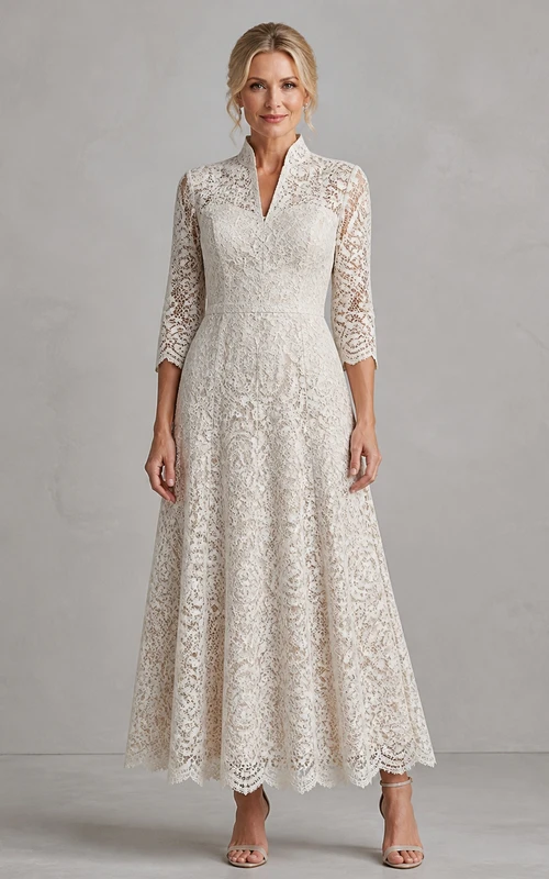 Robe de mère de la mariée, élégante et sobre, coupe trapèze, en dentelle, longueur cheville, manches trois-quarts crantées, idéale pour les mariées plus âgées.