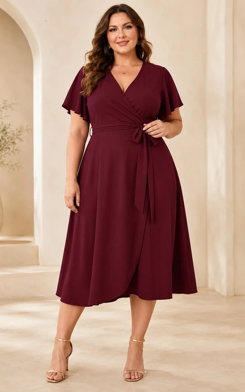 Plus Size Burgundy Tea-Length V-Neck Chiffon Guest Cocktail Dress Reception