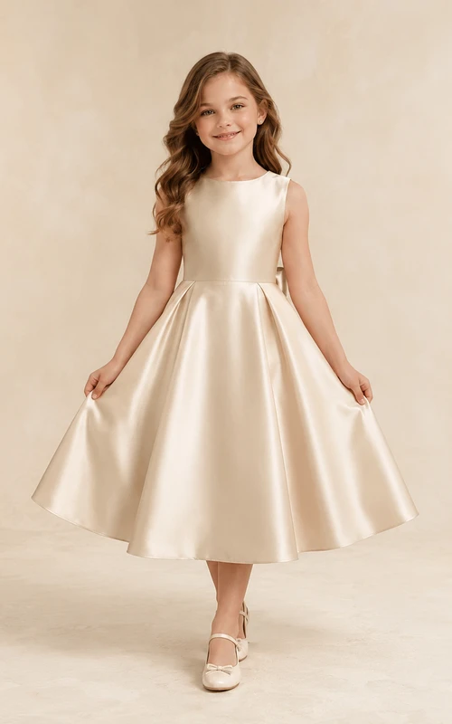 Champagne Satin Sleeveless Tea-Length A-Line Flower Girl Beach Wedding Dress With Bow