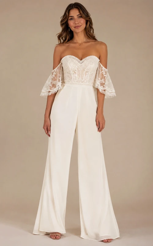 Boho-Jumpsuit-Hochzeitskleid, schulterfrei, herzförmig, Spitze, bodenlang, weiß