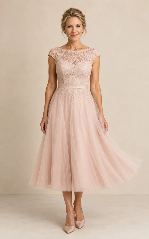 Robe de mère en tulle rose poudré, longueur thé, corsage en dentelle.