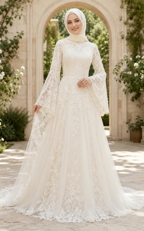 Robe de mariée bohème musulmane à manches cloche en dentelle style jardin