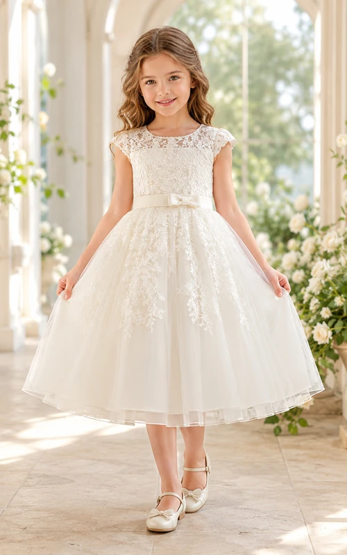 Elegante vestido de novia de corte A para niña de las flores, de encaje y tul, hasta la rodilla, con mangas cortas y escote festoneado.