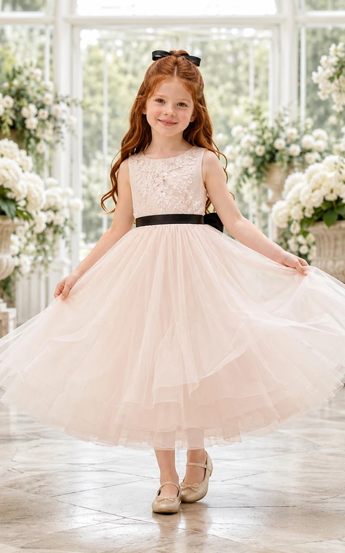 A-Line Black Tie Wedding Flower Girl Dress with Sleeveless Lace Bodice, Layered Tulle Skirt, Satin Sash, Romantic Formal Style
