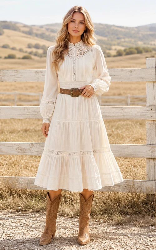 Ivory High Neck Poet Sleeve Tiered Country Lace Dress Bohemian