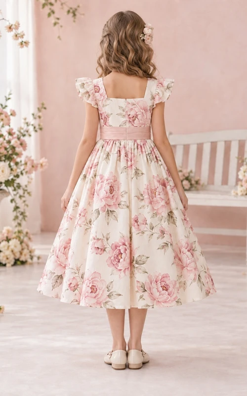 Square Neck Tea-length Ivory Pink Rose Flutter Sleeve Floral Print Flower Girl Dress