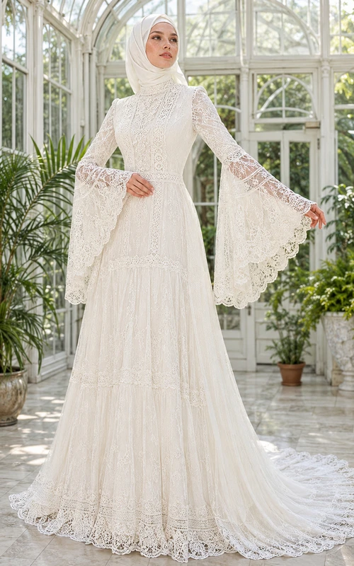 Robe de mariée musulmane modeste à manches cloche en dentelle de serre