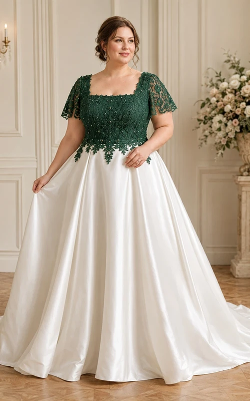 Emerald Lace Plus Size Bridal Ball Gown Square Short Sleeve Sweep Train Romantic Gown