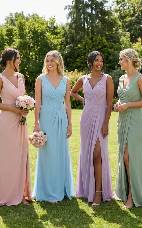 Robe de demoiselle d'honneur rose à décolleté en V profond et froncée, coupe fourreau