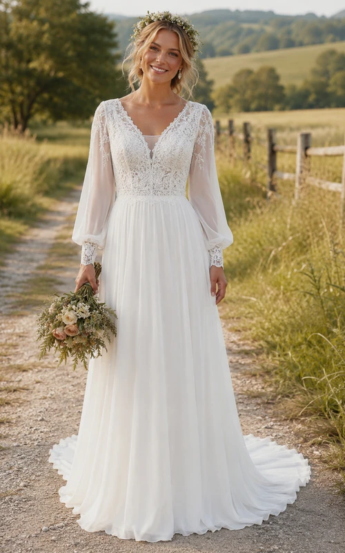 Robe de mariée champêtre bohème à col en V et coupe trapèze, manches bouffantes et corsage en dentelle
