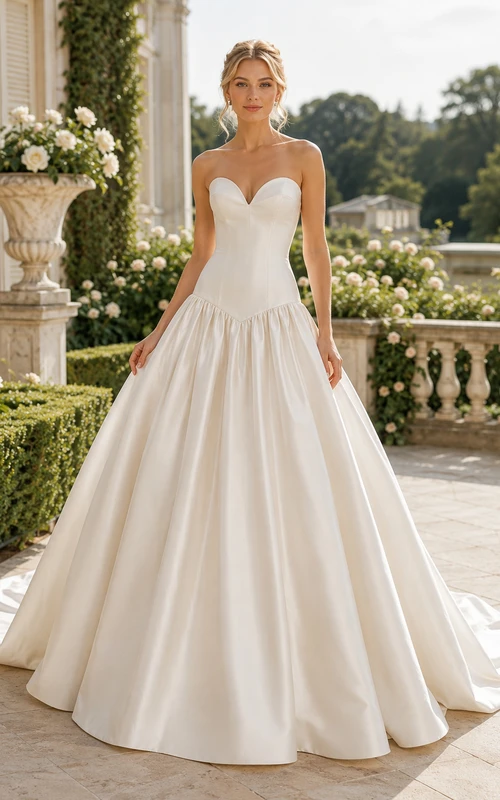 Robe de mariée bustier en satin, coupe trapèze, taille basse