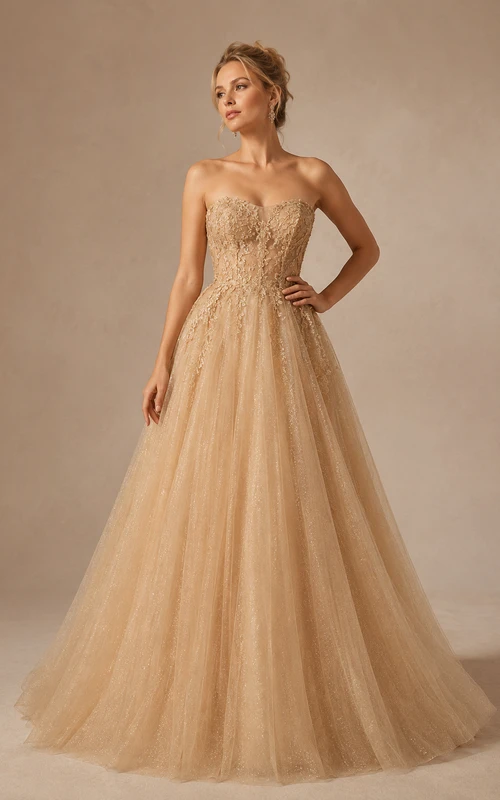 Champagne Strapless Glitter Tulle A-Line Prom Gown with Corset Bodice