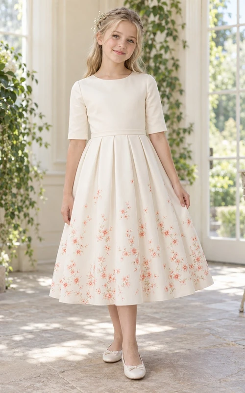 Cream Tea-length Floral Jewel Half-sleeve Pleated Banded Button-back Flower Girl Dress