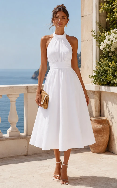 White Halter Tea-Length A-Line Dress