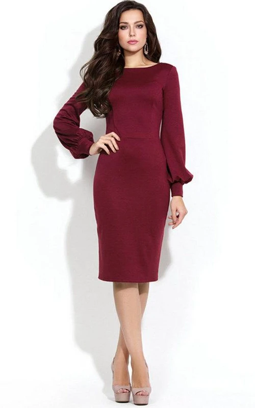 Robe fourreau en jersey à manches bouffantes longues, longueur genou, dos en U, style bateau