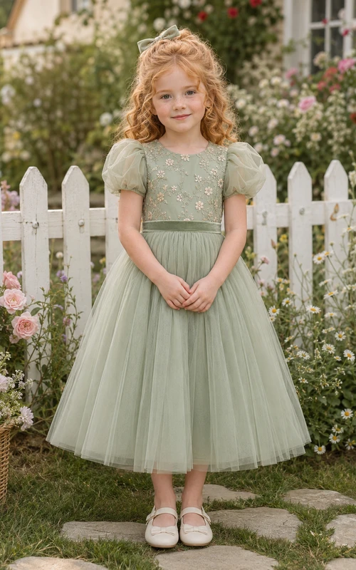Sage Puff Sleeve Floral Tulle Country Flower Girl Garden Tea-Length Dress