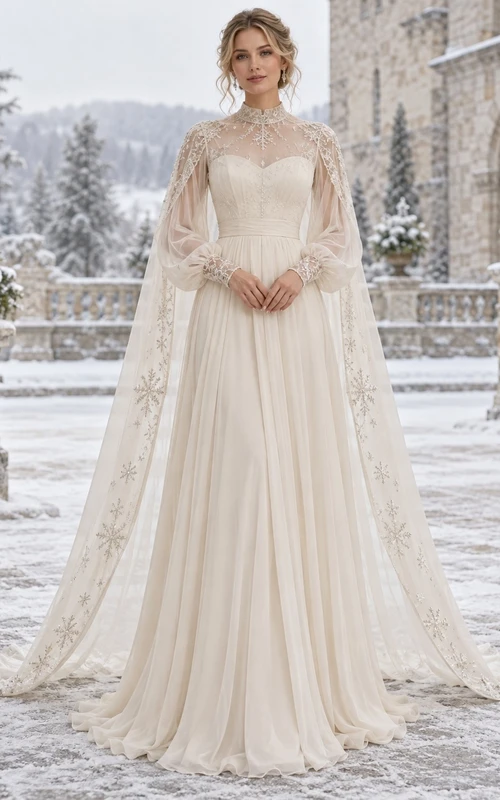 Vestido de novia tipo capa de gasa con encaje y mangas largas y cuello alto, estilo modesto.