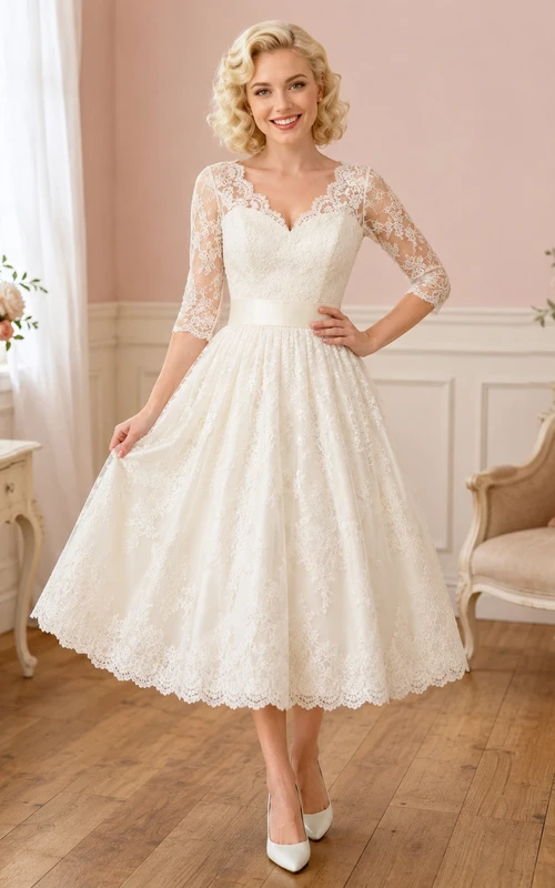 Vintage V-Neck Lace Three-Quarter Sleeve Tea-Length Wedding Dress