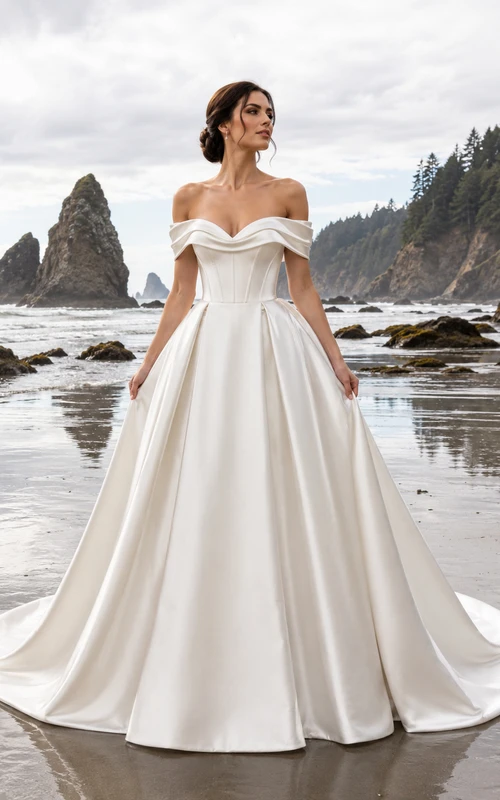Robe de bal plissée en satin à épaules dénudées et traîne chapelle, style bord de mer