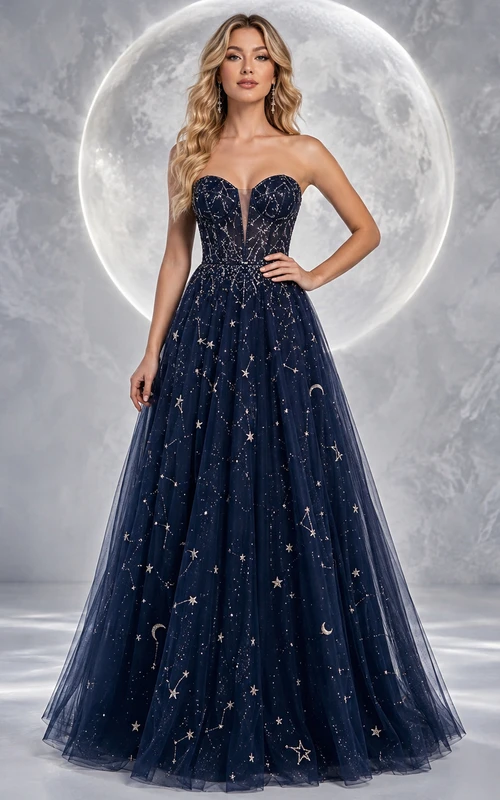 Dunkelblaues, trägerloses, herzförmiges, himmlisch anmutendes, paillettenbesetztes Tüll-Ballkleid