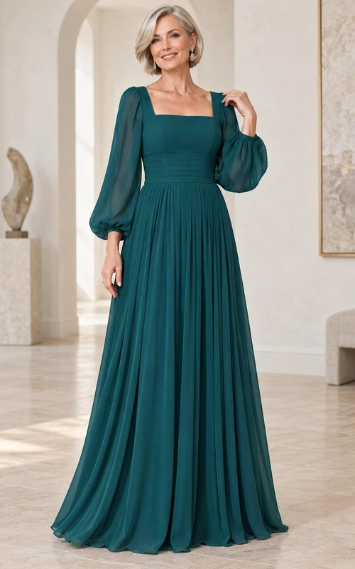 Vestido de noche formal de gasa plisada hasta el suelo, largo hasta el suelo, con escote cuadrado, manga larga y corte en A, color verde azulado.