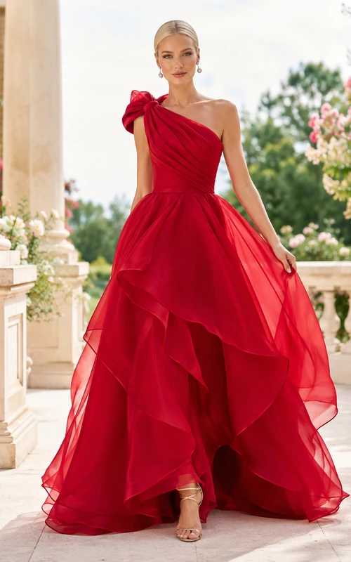 Rotes, einseitig schulterfreies, asymmetrisches Luxus-Abendkleid aus Organza mit kaskadenförmigen Rüschen – ein Promi-Kleid