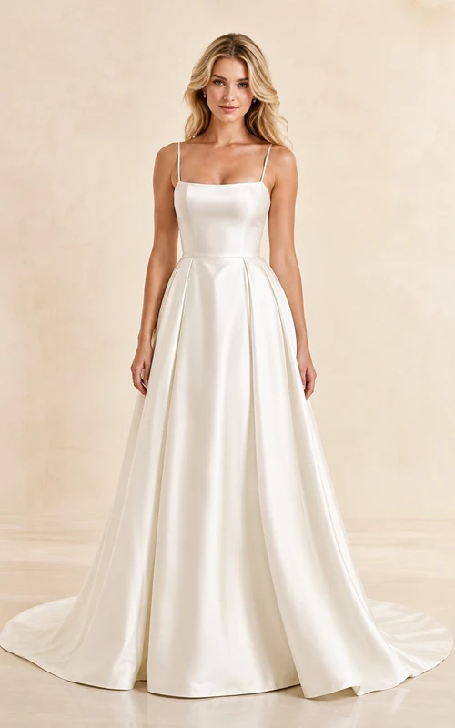 Vestido formal sencillo de satén con escote cuadrado, corte en A y cola larga.