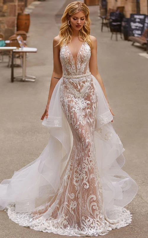Sexy Beach Wedding Dress | See Through Sheer Lace Bridal Gown with Detachable Skirt