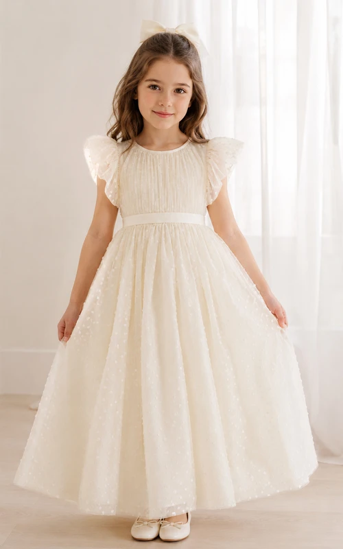 Bow Back Tulle A-Line Flower Girl Dress with Jewel Neck and Tea-Length Skirt