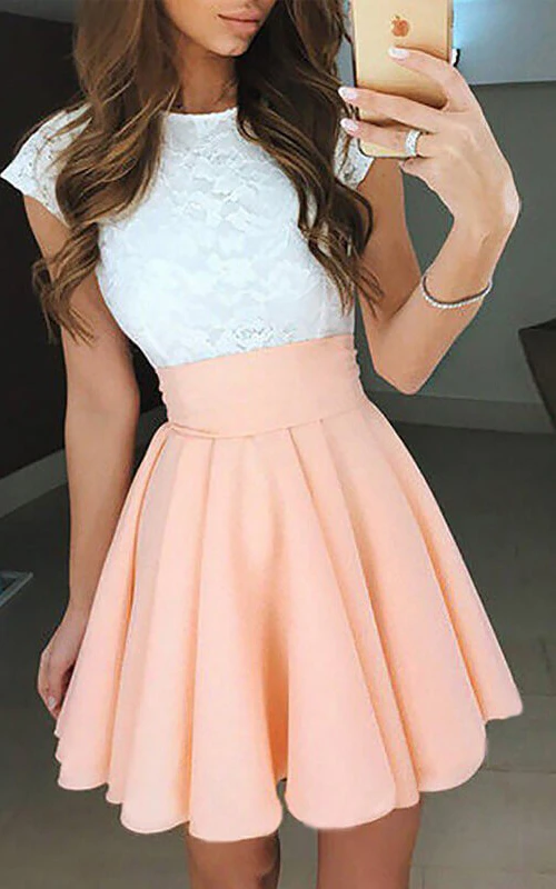 Vestido corto de fiesta de graduación con escote barco, manga corta, gasa y encaje, corte A