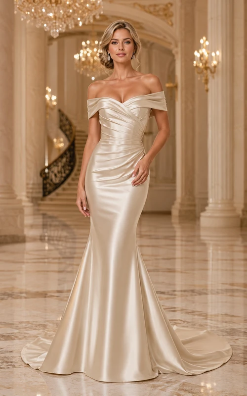 Champagne off shoulder satin mermaid black tie gown