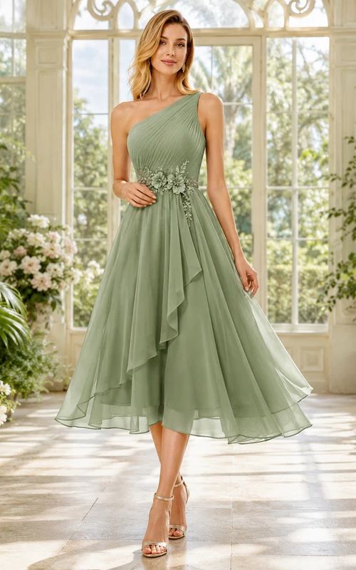 Vestido de gala de gasa con un solo hombro, estampado floral y cintura en cascada, corte A, color verde salvia.