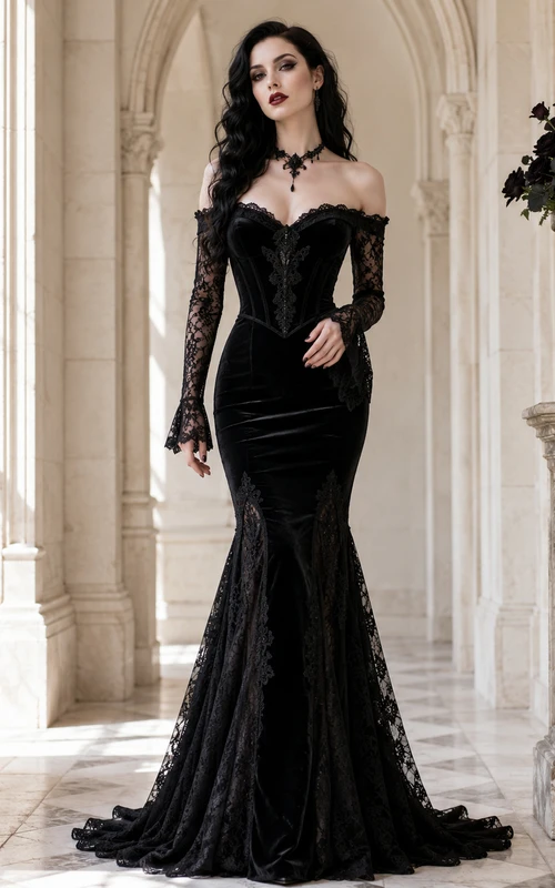 Black Gothic Off-Shoulder Long-Sleeve Velvet Lace Mermaid Chapel Gown Luxury