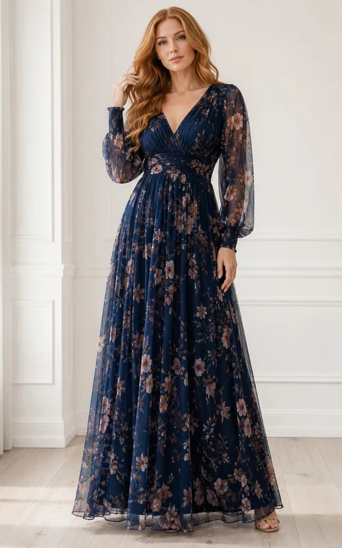 Navy floral long sleeve V-neck floor length A-line formal dress