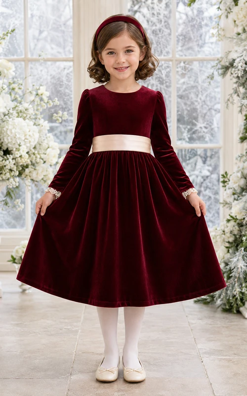 Blumenmädchenkleid aus burgunderrotem Samtsatin, A-Linie, lange Ärmel, Rundhalsausschnitt, wadenlang, mit Schärpenbesatz