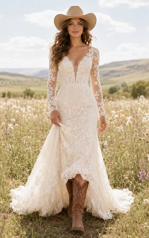 Country Romantic Elegant Sexy Mermaid Lace Wedding Dress with V-Neck Illusion Bodice Long Sleeve Floor-Length Train Split Skirt Low Back Deep V Detail Illusion Back