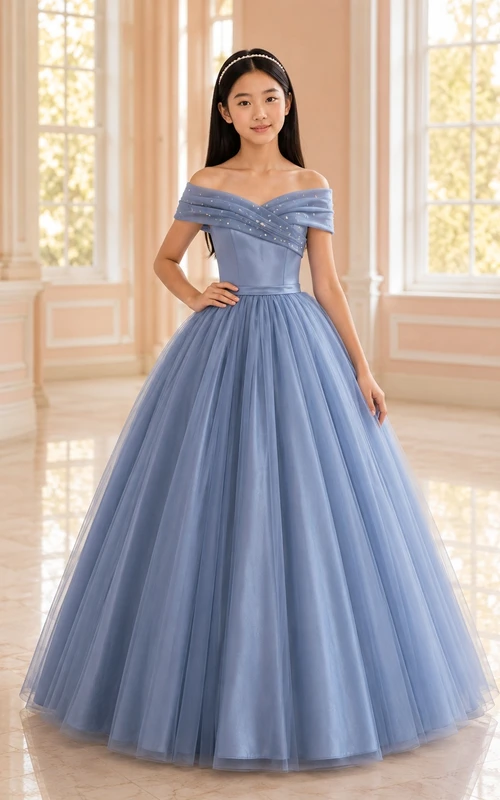 Stahlblaues Junior-Brautjungfernkleid, Ballkleid, schulterfrei, kurze Ärmel, Tüllrock
