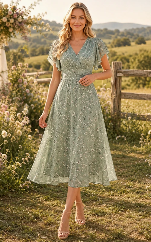 Country Sage Lace V-Neck A-Line Tea-Length Short Sleeve Wedding Guest Dress