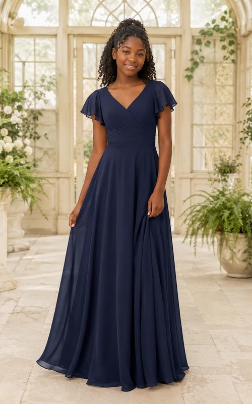 Dunkelblaues Brautjungfernkleid für junge Damen, A-Linie, V-Ausschnitt, kurze Ärmel, romantisches Design