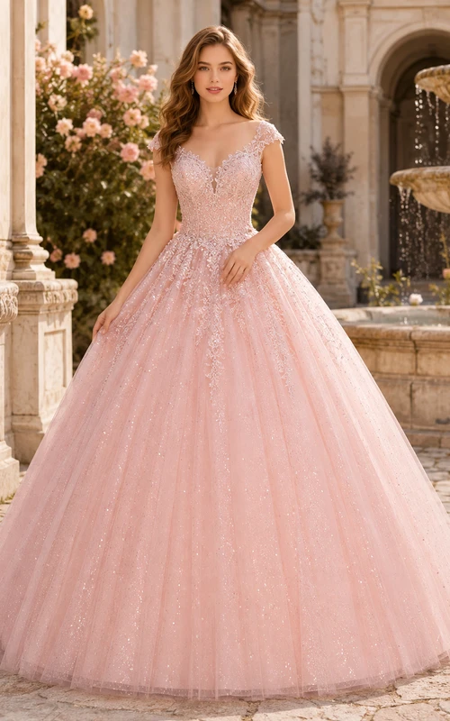 Blushing Pink Luxury Cap Sleeve V Neck Applique Glitter Tulle Quinceanera Ball Gown