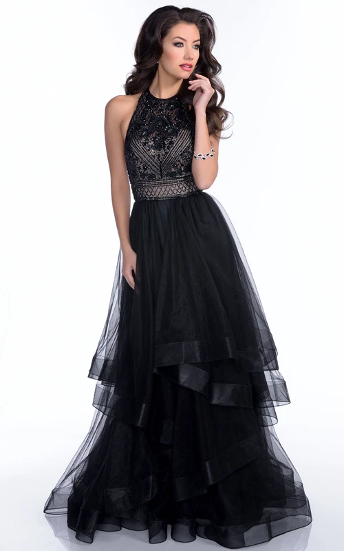 Ärmelloses, mehrlagiges Tüll-Abendkleid mit Strasssteinen und offenem Rücken