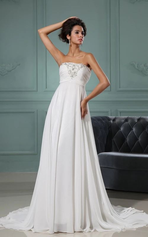 Strapless A-Line Chiffon Dress With Ruching Bodice and Applique