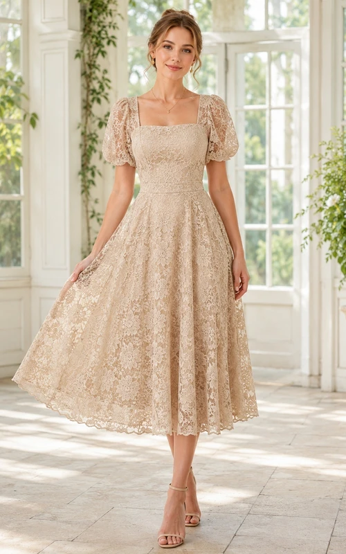 Beige Lace Square Neck Puff Sleeve Tea-length A-Line Romantic Guest Dress