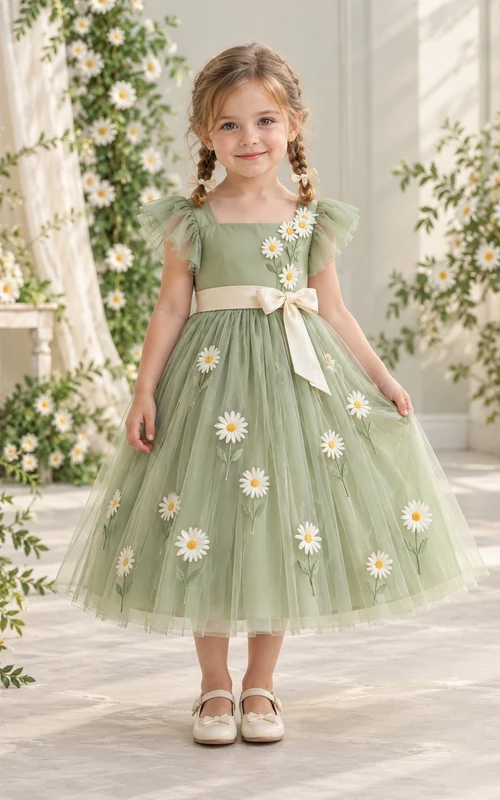 Teelanges, eckiges Ausschnittkleid aus salbeifarbenem Tüll mit floralem A-Linien-Schnitt, flatternden Ärmeln und elfenbeinfarbener Schärpe für Blumenmädchen