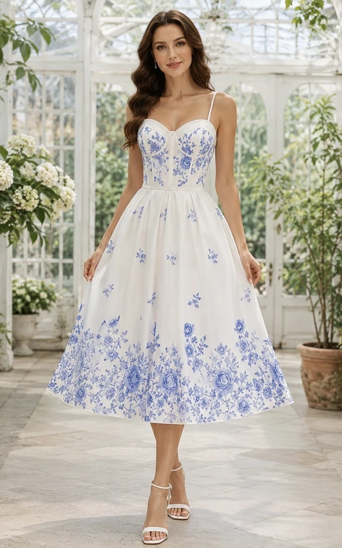 White Blue Floral Sweetheart Spaghetti Strap Chiffon Tea Length Dress